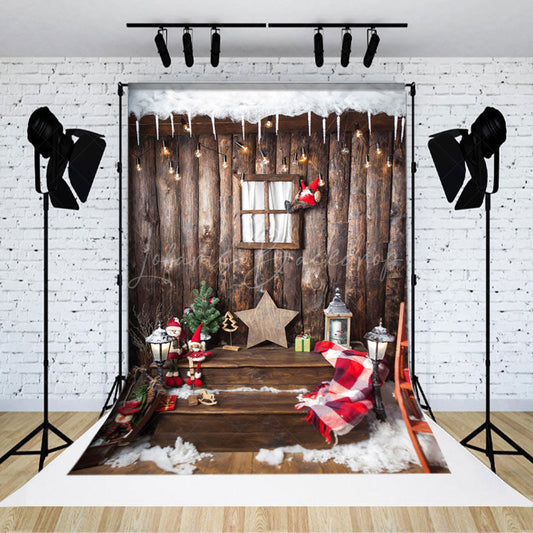 Lofaris Retro Wooden Staris Snowy Christmas Vibe Backdrop