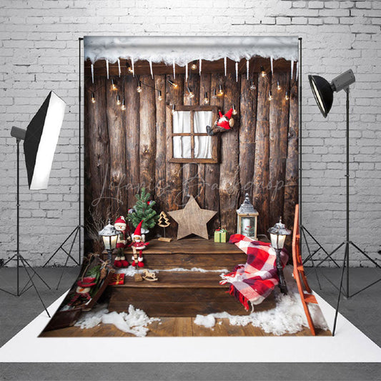 Lofaris Retro Wooden Staris Snowy Christmas Vibe Backdrop