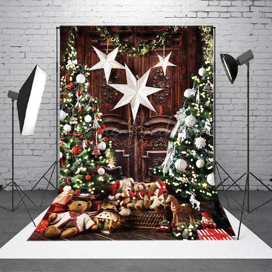 Lofaris Retro Wooden Xmas Tree Bears Christmas Backdrop