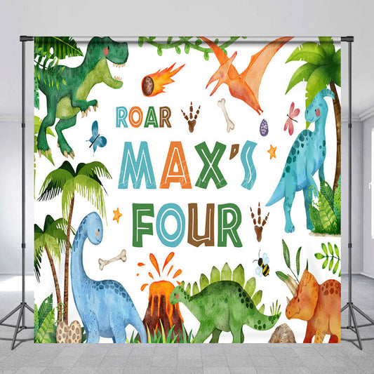 Lofaris Roar I’m Four Custom Dinosaur Birthday Backdrop Boys 4th Bday Party Personalized T Rex and Volcano Photo Prop