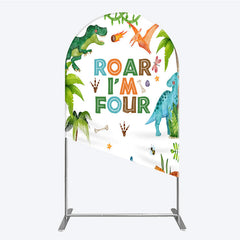 Lofaris Roar I’m Four Dinosaur Birthday Arch Backdrop Boys 4th Bday Party Banner T Rex and Volcano Jungle Photo Prop