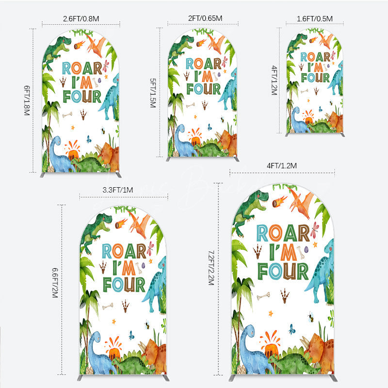 Lofaris Roar I’m Four Dinosaur Birthday Arch Backdrop Boys 4th Bday Party Banner T Rex and Volcano Jungle Photo Prop