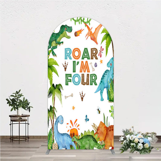 Lofaris Roar I’m Four Dinosaur Birthday Arch Backdrop Boys 4th Bday Party Banner T Rex and Volcano Jungle Photo Prop