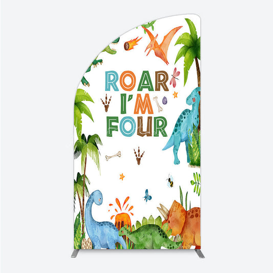Lofaris Roar I’m Four Dinosaur Birthday Half Moon Arch Backdrop Boys 4th Bday Party Banner T Rex and Volcano Jungle Photo Prop