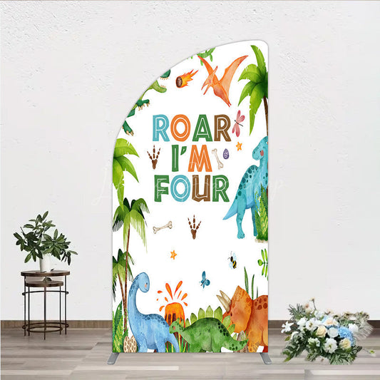 Lofaris Roar I’m Four Dinosaur Birthday Half Moon Arch Backdrop Boys 4th Bday Party Banner T Rex and Volcano Jungle Photo Prop