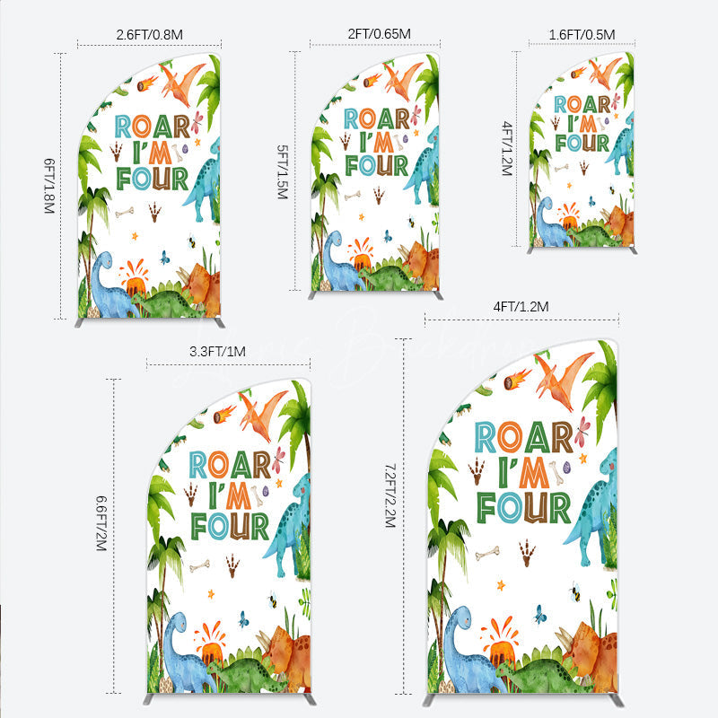 Lofaris Roar I’m Four Dinosaur Birthday Half Moon Arch Backdrop Boys 4th Bday Party Banner T Rex and Volcano Jungle Photo Prop