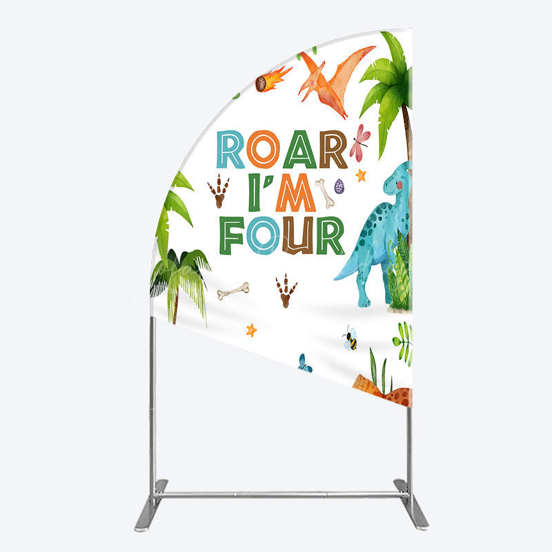 Lofaris Roar I’m Four Dinosaur Birthday Half Moon Arch Backdrop Boys 4th Bday Party Banner T Rex and Volcano Jungle Photo Prop