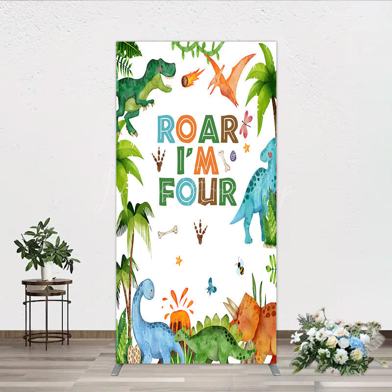 Lofaris Roar I’m Four Dinosaur Birthday Rectangle Backdrop Boys 4th Bday Party Banner T Rex and Volcano Jungle Photo Prop