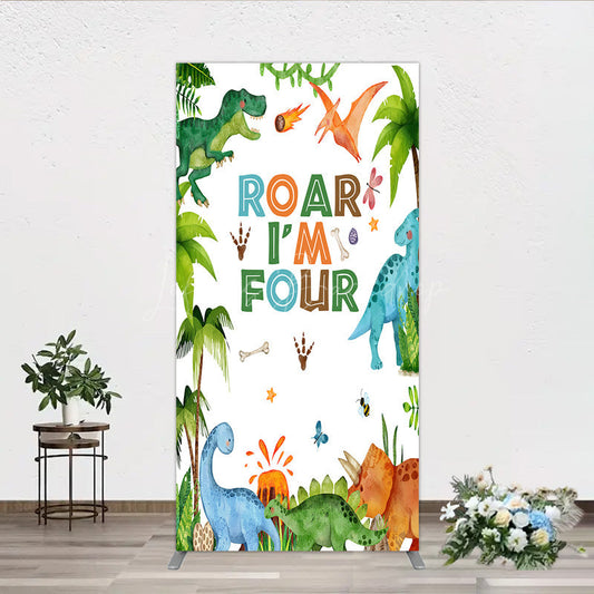 Lofaris Roar I’m Four Dinosaur Birthday Rectangle Backdrop Boys 4th Bday Party Banner T Rex and Volcano Jungle Photo Prop