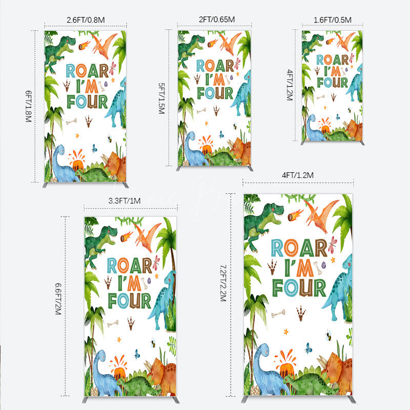 Lofaris Roar I’m Four Dinosaur Birthday Rectangle Backdrop Boys 4th Bday Party Banner T Rex and Volcano Jungle Photo Prop