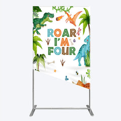 Lofaris Roar I’m Four Dinosaur Birthday Rectangle Backdrop Boys 4th Bday Party Banner T Rex and Volcano Jungle Photo Prop