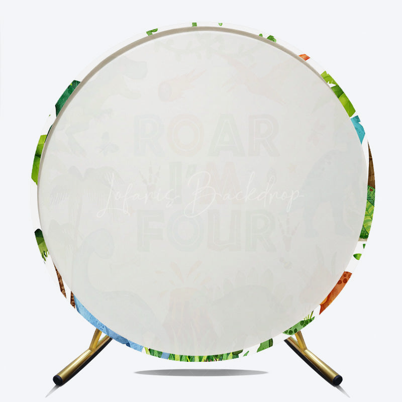 Lofaris Roar I’m Four Dinosaur Birthday Round Backdrop Boys 4th Bday Party Banner T Rex and Volcano Jungle Photo Prop