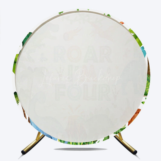 Lofaris Roar I’m Four Dinosaur Birthday Round Backdrop Boys 4th Bday Party Banner T Rex and Volcano Jungle Photo Prop