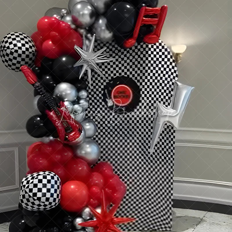 Lofaris Rock and Roll Music Arch Backdrop Black White Checkerboard with Vinyl Record One Rocket Birthday Party Decor