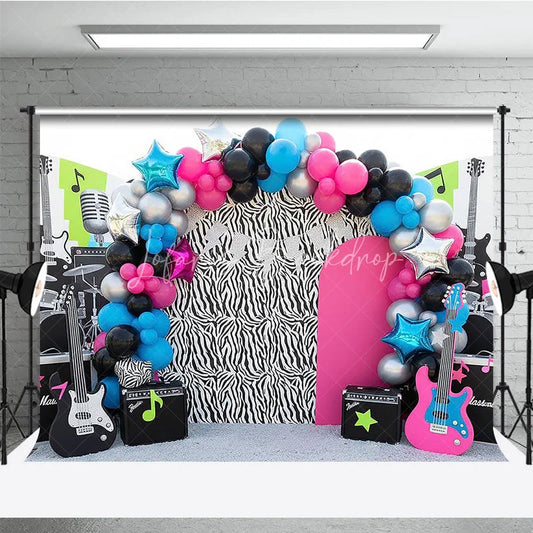 Lofaris Rock and Roll Zebra Print Guitar Backdrop Music Theme Neon Star Decor for Kids Birthday Party