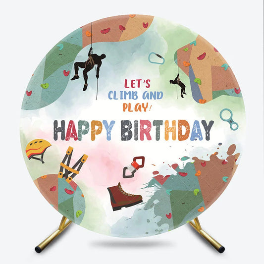 Lofaris Rock Climbing Happy Birthday Round Backdrop Let’s Climb and Play Outdoor Sport Photography Background