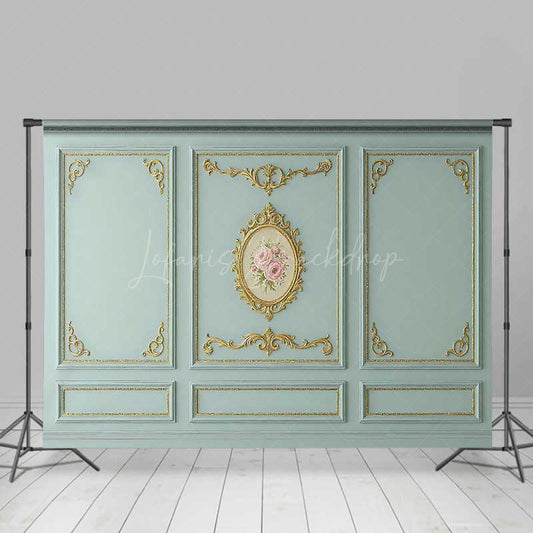 Lofaris Rococo Wall Photography Backdrop Blue and Gold Ornate Molding Panels with Roses French Vintage Studio Prop
