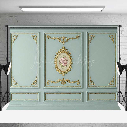 Lofaris Rococo Wall Photography Backdrop Blue and Gold Ornate Molding Panels with Roses French Vintage Studio Prop