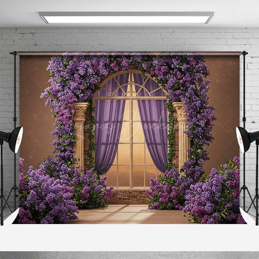 Lofaris Romantic Arched Window Photography Backdrop Purple Lilac and Roses Garland Fairytale Garden Wedding Photo Prop