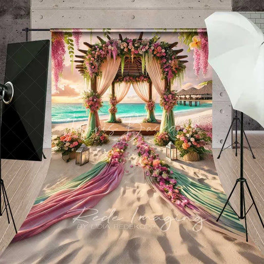 Lofaris Romantic Beach Wedding Backdrop Floral Arch Pink Green Fabric Sunset Ocean Photography Bridal Shower Decor
