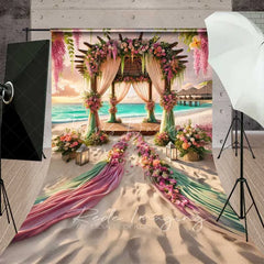 Lofaris Romantic Beach Wedding Backdrop Floral Arch Pink Green Fabric Sunset Ocean Photography Bridal Shower Decor