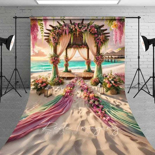 Lofaris Romantic Beach Wedding Backdrop Floral Arch Pink Green Fabric Sunset Ocean Photography Bridal Shower Decor