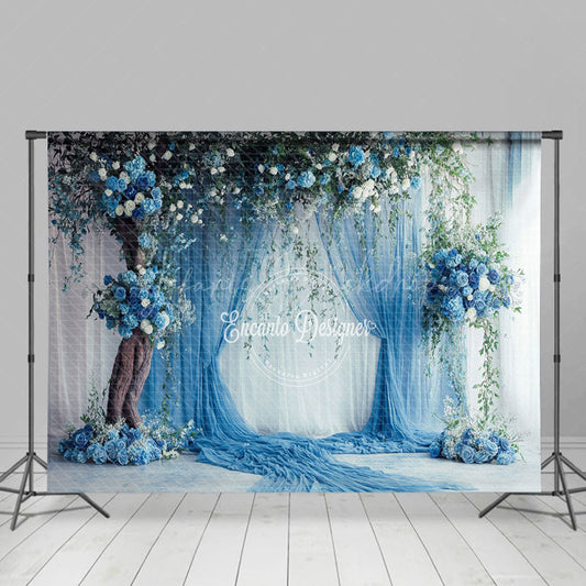 Lofaris Romantic Blue Curtain Tree Floral Wedding Backdrop