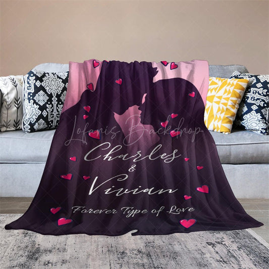 Lofaris Romantic Couple Silhouette Hearts Custom Name Blanket