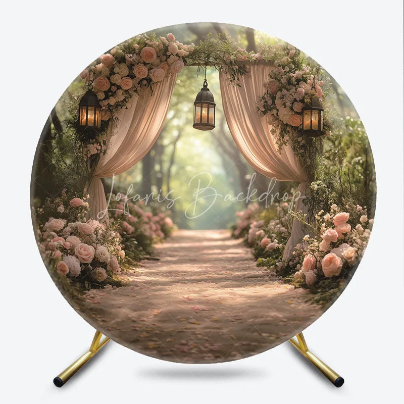 Lofaris Romantic Enchanted Forest Wedding Round Backdrop with Blush Pink Roses Elegant Sheer Drapes and Warm Lanterns