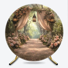 Lofaris Romantic Enchanted Forest Wedding Round Backdrop with Blush Pink Roses Elegant Sheer Drapes and Warm Lanterns