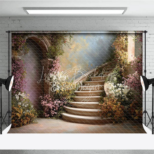 Lofaris Romantic Enchanted Garden Photography Backdrop Elegant Curved Stone Staircase with Pink and White Blossoms
