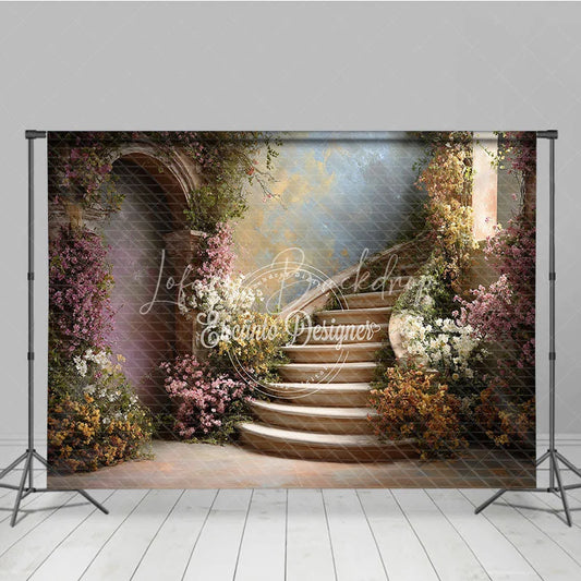 Lofaris Romantic Enchanted Garden Photography Backdrop Elegant Curved Stone Staircase with Pink and White Blossoms