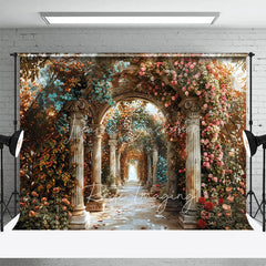 Lofaris Romantic Floral Archway Backdrop Classical Architecture Columns and Pink Roses Photography Background for Wedding
