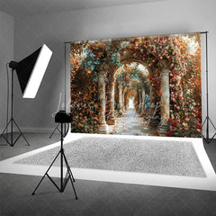 Lofaris Romantic Floral Archway Backdrop Classical Architecture Columns and Pink Roses Photography Background for Wedding