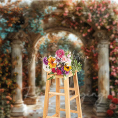 Lofaris Romantic Floral Archway Backdrop Classical Architecture Columns and Pink Roses Photography Background for Wedding
