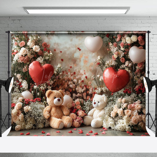 Lofaris Romantic Floral Balloon Bear Valentines Day Backdrop