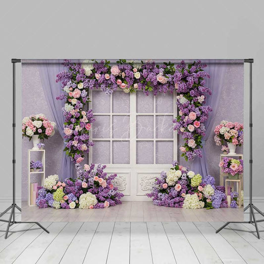Lofaris Romantic Floral Window Photography Backdrop Purple Lilac and Pink Rose Garland Spring Garden Wedding Photo Prop