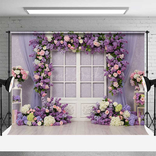 Lofaris Romantic Floral Window Photography Backdrop Purple Lilac and Pink Rose Garland Spring Garden Wedding Photo Prop