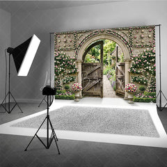Lofaris Romantic Garden Archway Photography Backdrop Pink Roses and Open Wooden Gates Lush Outdoor Scenery