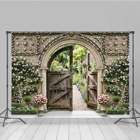 Lofaris Romantic Garden Archway Photography Backdrop Pink Roses and Open Wooden Gates Lush Outdoor Scenery