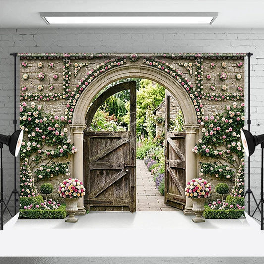 Lofaris Romantic Garden Archway Photography Backdrop Pink Roses and Open Wooden Gates Lush Outdoor Scenery
