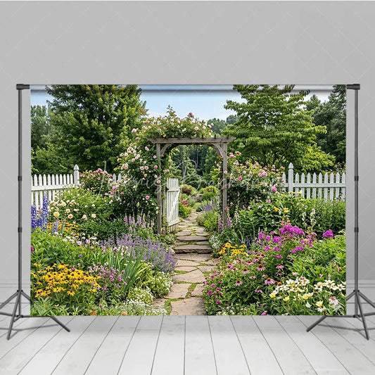 Lofaris Romantic Garden Archway with Pink Roses and Colorful Flowers Photography Backdrop Scenic Stone Path Picket Fence