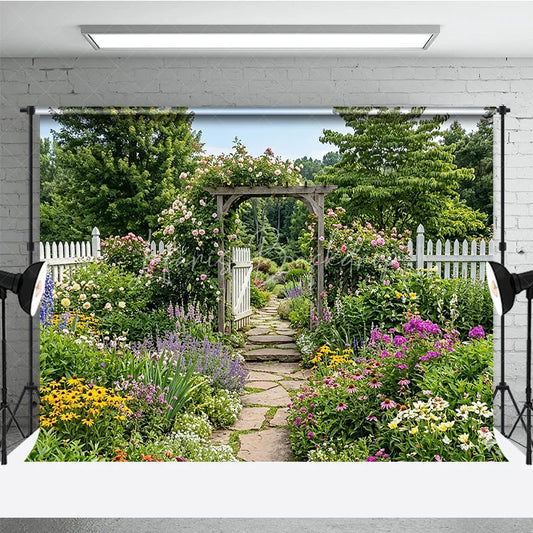 Lofaris Romantic Garden Archway with Pink Roses and Colorful Flowers Photography Backdrop Scenic Stone Path Picket Fence