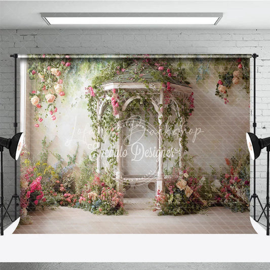 Lofaris Romantic Garden Gazebo Photography Backdrop Pink Roses and Green Vines for Spring Summer Events