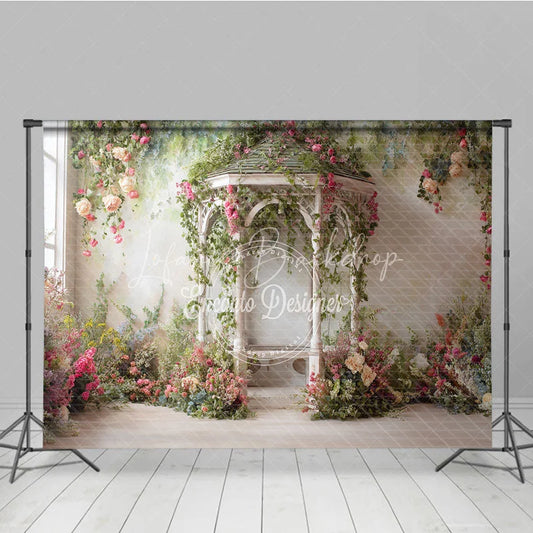 Lofaris Romantic Garden Gazebo Photography Backdrop Pink Roses and Green Vines for Spring Summer Events