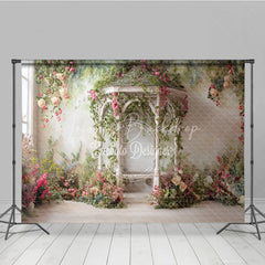 Lofaris Romantic Garden Gazebo Photography Backdrop Pink Roses and Green Vines for Spring Summer Events