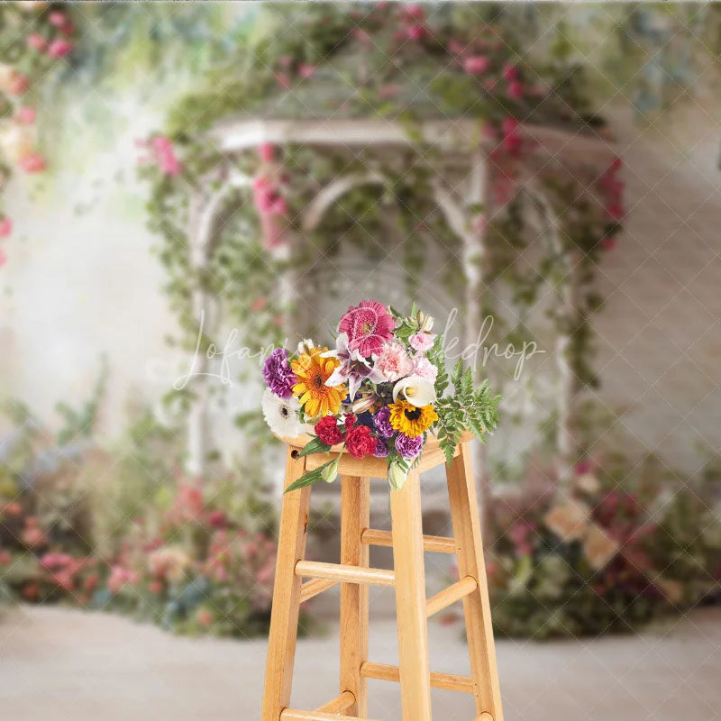 Lofaris Romantic Garden Gazebo Photography Backdrop Pink Roses and Green Vines for Spring Summer Events