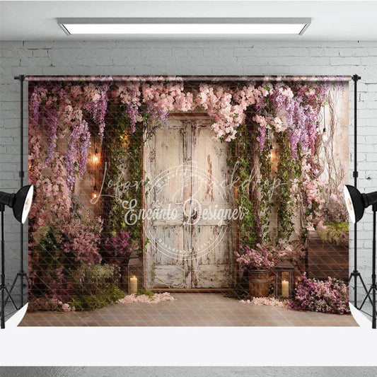 Lofaris Romantic Garden Photography Backdrop with Distressed Wooden Door Cascading Pink Wisteria Flowers and Lanterns