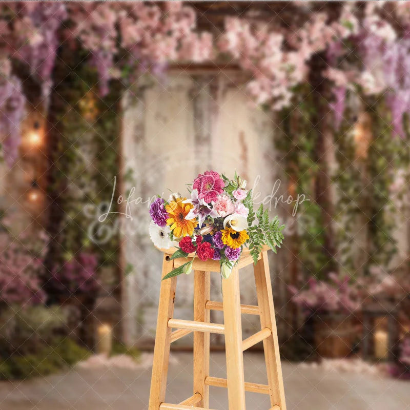 Lofaris Romantic Garden Photography Backdrop with Distressed Wooden Door Cascading Pink Wisteria Flowers and Lanterns