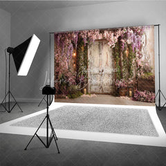 Lofaris Romantic Garden Photography Backdrop with Distressed Wooden Door Cascading Pink Wisteria Flowers and Lanterns